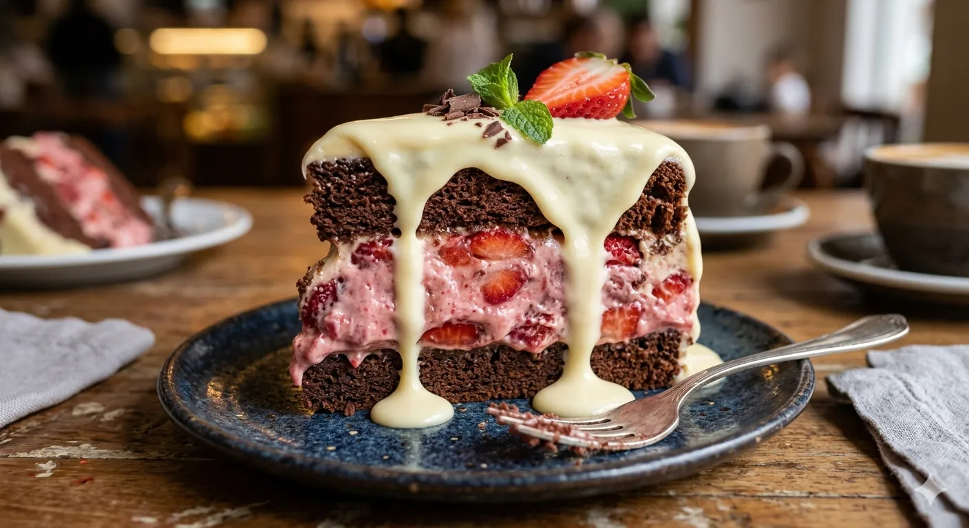 Bolo de chocolate recheio de morango com cobertura de chocolate branco  